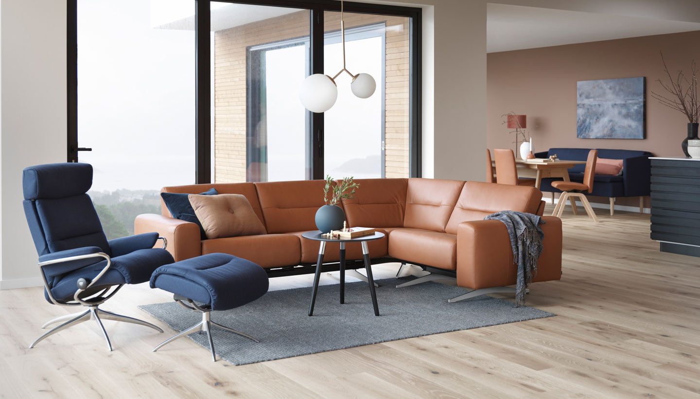 Stressless Tokyo recliner and Stella corner sofa with dining set up in the background